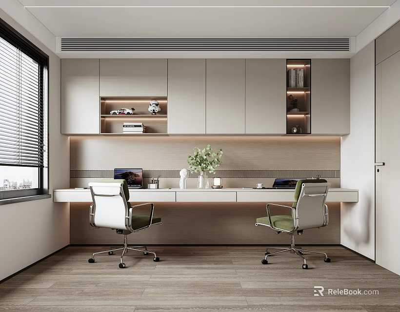 Modern Study Room Interior With Desks Chairs Cabinets And Plants 3d model