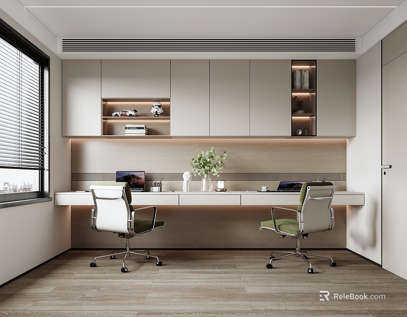 Modern Study Room Interior With Desks Chairs Cabinets And Plants 3d model 