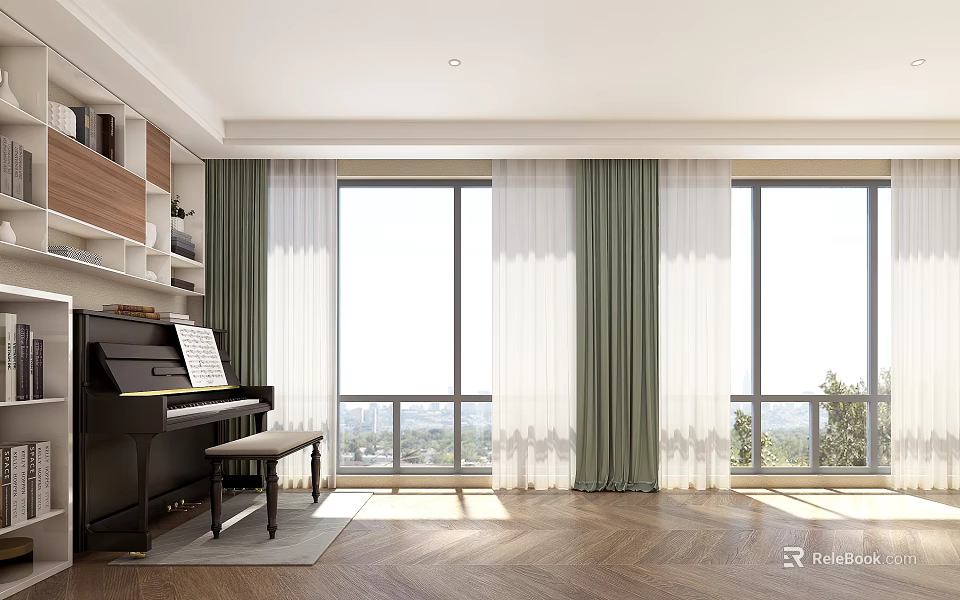 Elegant Home Balcony With Piano Large Windows Green White Curtains Wooden Flooring And Scenic View 3d model 