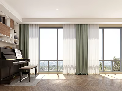 Elegant Home Balcony With Piano Large Windows Green White Curtains Wooden Flooring And Scenic View 3d model