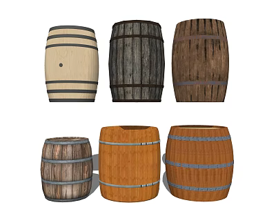Wooden Barrels As Household Items With Various Styles Different Colors And Textures 3d model