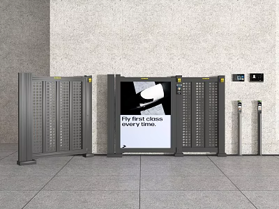 Grey Turnstiles Featuring Central Advertising Screen With Fly First Class Ad And Control Panel 3d model