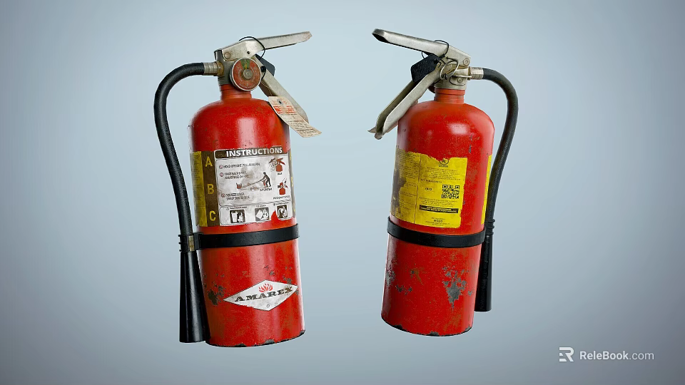 Two Red Fire Extinguishers As Essential Fire Safety Equipment With Black Hoses And Labels 3d model 