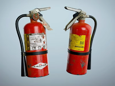 Two Red Fire Extinguishers As Essential Fire Safety Equipment With Black Hoses And Labels 3d model