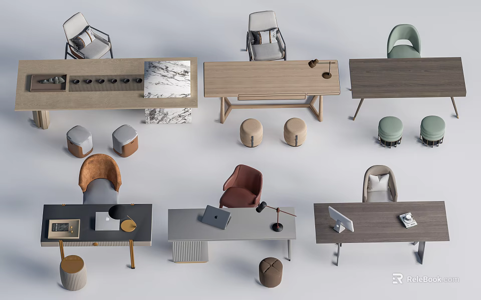 Modern Desk Designs With Wooden Metal Tables Comfortable Chairs Stools And Tabletop Items 3d model 