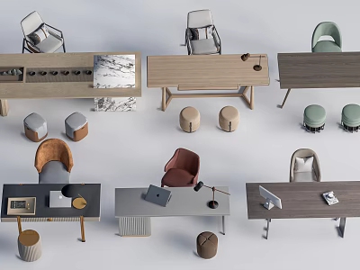 Modern Desk Designs With Wooden Metal Tables Comfortable Chairs Stools And Tabletop Items 3d model