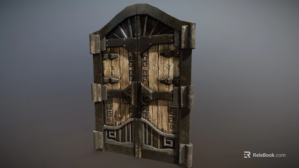 Ancient Medieval Style Wooden Door With Intricate Metal Hardware And Carved Patterns 3d model 