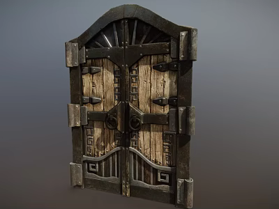 Ancient Medieval Style Wooden Door With Intricate Metal Hardware And Carved Patterns 3d model