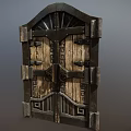 Ancient Medieval Style Wooden Door With Intricate Metal Hardware And Carved Patterns