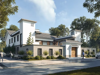 Chinese Style Detached Villa Exterior With White Walls Gray Roof And Surrounding Trees 3d model
