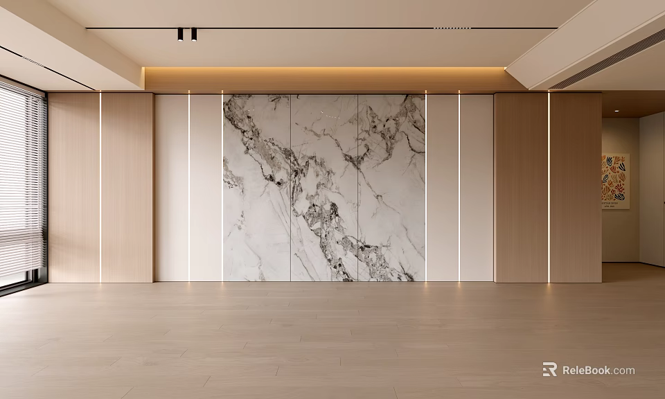 Elegant Modern Living Room Interior With Marble Feature Wall And Wooden Elements 3d model 