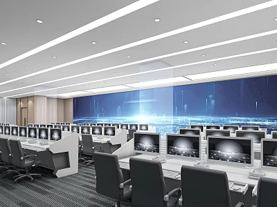 Modern Monitoring Room Interior With Multiple Monitor Screens Control Desks And Ergonomic Chairs 3d model