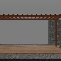 Wooden Pergola Outdoor Space with Stone Wall Wooden Deck Green Plants and Gravel Ground