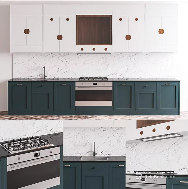 Modern Kitchen Interior Design With White And Green Cabinets Marble Backsplash And Sink 3d model 