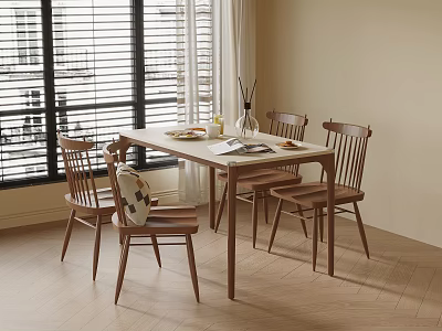 Wooden Dining Table Set with Four Chairs Dinnerware Vase in Bright Room with Window Blinds 3d model