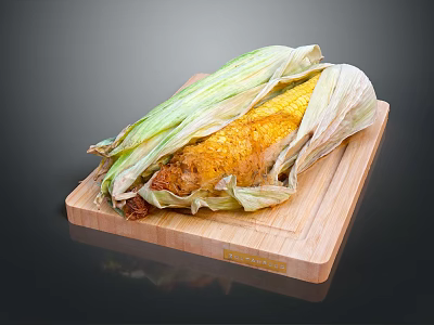 Delicious Roasted Corn with Partially Peeled Husk and Yellow Kernels on Wooden Cutting Board 3d model