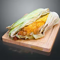 Delicious Roasted Corn with Partially Peeled Husk and Yellow Kernels on Wooden Cutting Board