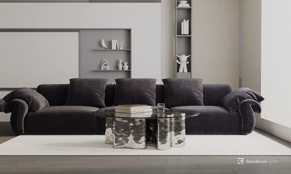 Stylish Dark Gray Three Seater Sofa Living Room With Glass Coffee Table Books And Shelves 3d model 
