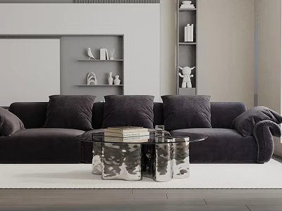 Stylish Dark Gray Three Seater Sofa Living Room With Glass Coffee Table Books And Shelves 3d model