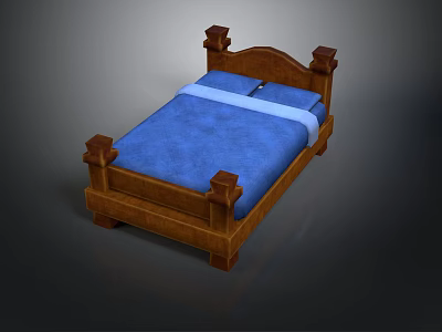 Classic Wooden Bed With Carved Headboard Footboard Blue Mattress And Pillows 3d model