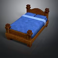 Classic Wooden Bed With Carved Headboard Footboard Blue Mattress And Pillows