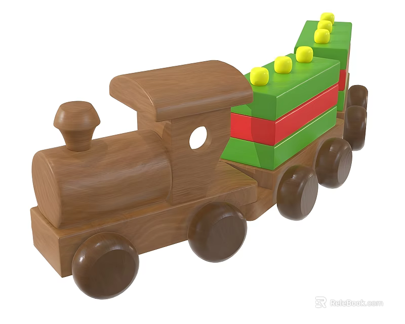 Wooden Toy Train With Brown Engine Green Red Carriages Yellow Buttons And Wheels For Kids 3d model 