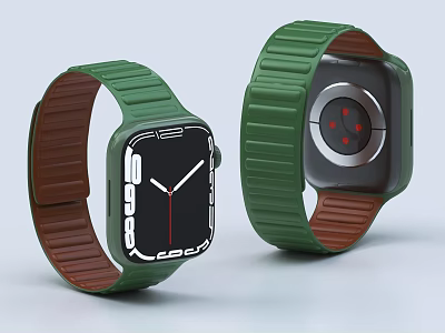 Two Modern Watches with Green Straps Brown Linings Front Dial and Back Design Details 3d model