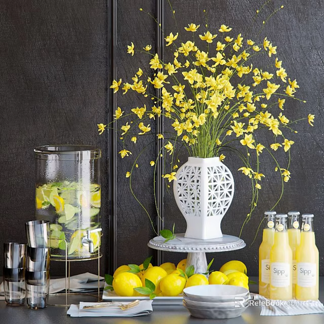 Decorative Ornament Arrangement With White Hollow-out Vase Yellow Flowers Lemons And Glass Dispenser 3d model 