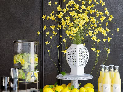 Decorative Ornament Arrangement With White Hollow-out Vase Yellow Flowers Lemons And Glass Dispenser 3d model