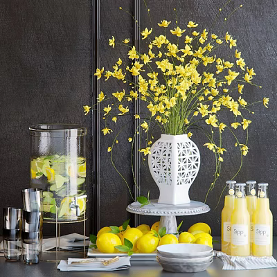 Decorative Ornament Arrangement With White Hollow-out Vase Yellow Flowers Lemons And Glass Dispenser 3d model