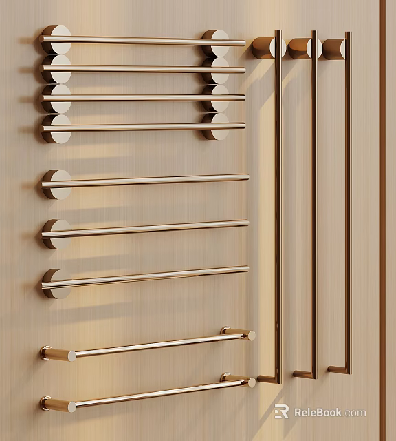 Stylish Gold Towel Racks Mounted On Wooden Wall In Modern Bathroom 3d model 