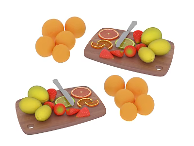 Fresh Oranges Lemons And Strawberries On Wooden Cutting Boards With Knives 3d model