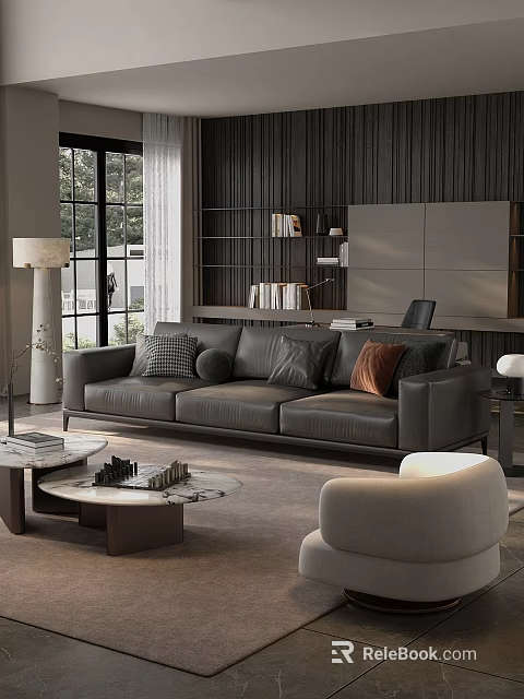 Modern Living Room Interior With Gray Leather Sofa Marble Coffee Tables Bookshelf And Floor Lamp 3d model 