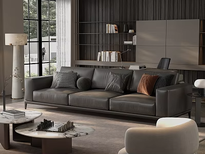Modern Living Room Interior With Gray Leather Sofa Marble Coffee Tables Bookshelf And Floor Lamp 3d model