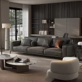 Modern Living Room Interior With Gray Leather Sofa Marble Coffee Tables Bookshelf And Floor Lamp