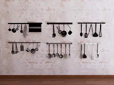 Organized Kitchen Cookware Hanging On Wall Racks With Pots Pans Spoons And Spatulas 3d model