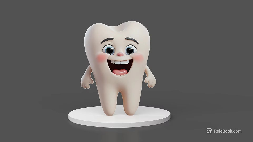 Cute Cartoon Tooth Character With Smiling Face Arms Legs On White Base 3d model 