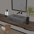 Gray Concrete Washbasin on Wooden Countertop with Wall Mounted Mirror and Green Plant