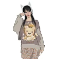 Woman Wearing Cat Ear Headband Gray White Lion Print Sweater and Plaid Mini Skirt