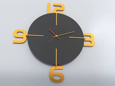 Modern Black Dial Wall Clock with Yellow Numerals Red Second Hand and Gold Hands 3d model