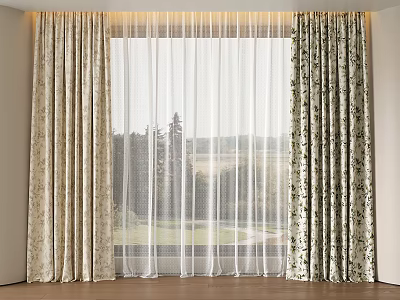 Elegant Layered Curtains With Floral Pattern And Sheer Panels For Natural View 3d model