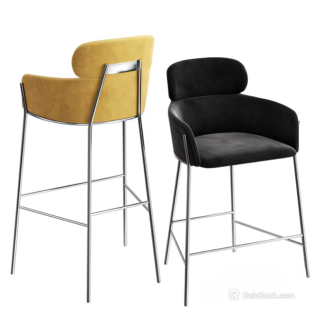 Modern Bar Stools With Yellow And Black Upholstered Seats Armrests And Metal Frames 3d model 