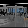 Elegant Restaurant Interior With White Columns Black Piano Circular Stage Wooden Partitions And Tables Chairs