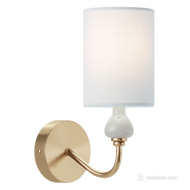 Modern Brass Wall Lamp With White Fabric Shade And Ceramic Socket Design 3d model 