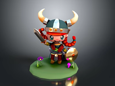 Cartoon Man In Horned Viking Helmet Red Hair Holding Sword Shield On Green Grass 3d model