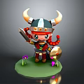 Cartoon Man In Horned Viking Helmet Red Hair Holding Sword Shield On Green Grass