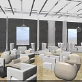 Modern Elegant Restaurant Interior With White Furniture Dark Walls And Blue Paintings