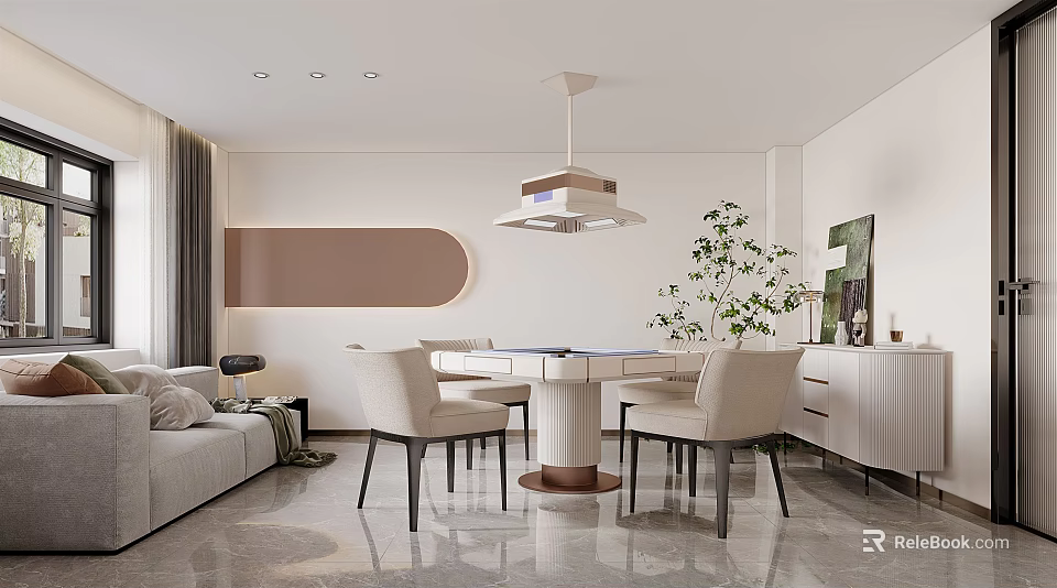 Modern Hotel Chess Room Interior Design With Sofa Chairs Ceiling Lamp And Plant 3d model 