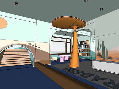 Kindergarten Interior Space With Staircase Bookshelf Cactus Decor And Blue Floor 3d model