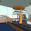 Kindergarten Interior Space With Staircase Bookshelf Cactus Decor And Blue Floor